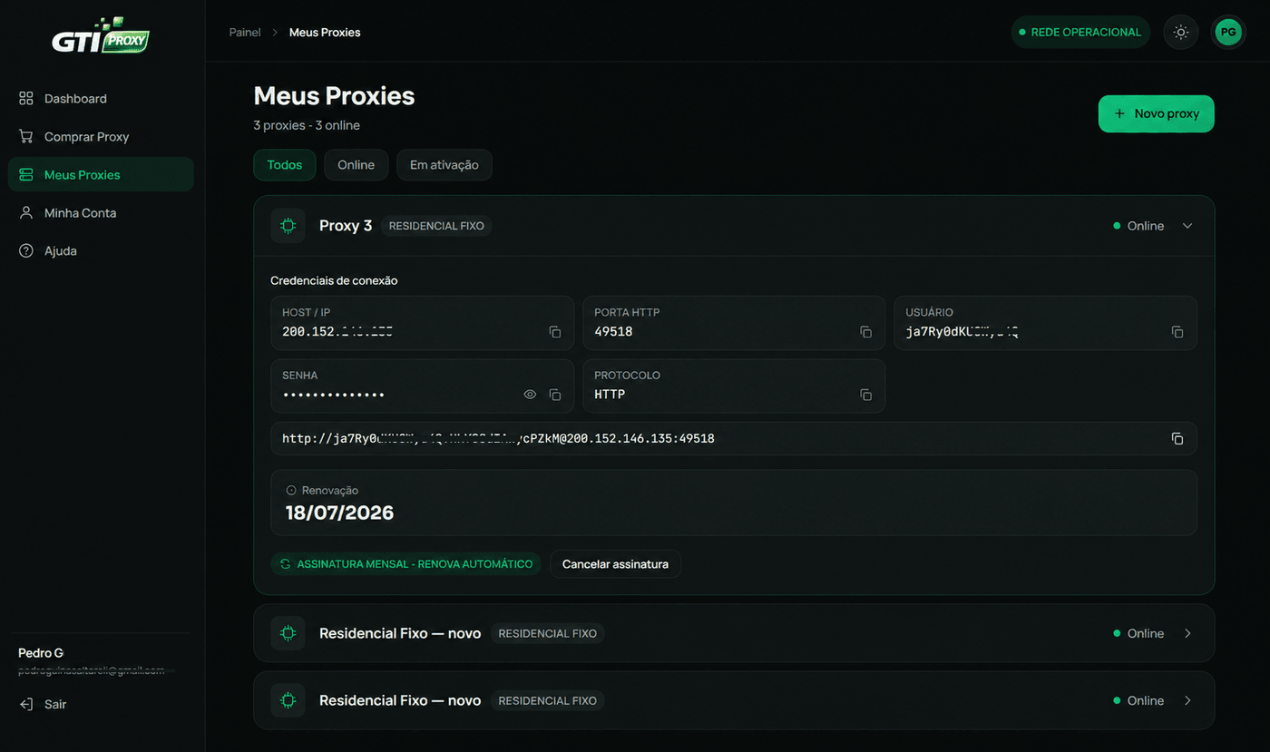 Painel do cliente GTI Proxy — gerencie proxies, rotação de IP e consumo de dados
